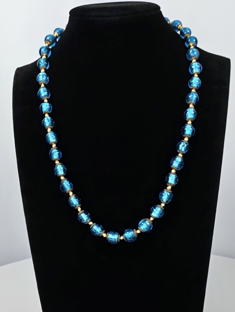 Blue Glass Beaded Necklace Gold Tone Spacers Statement Jewelry EUC